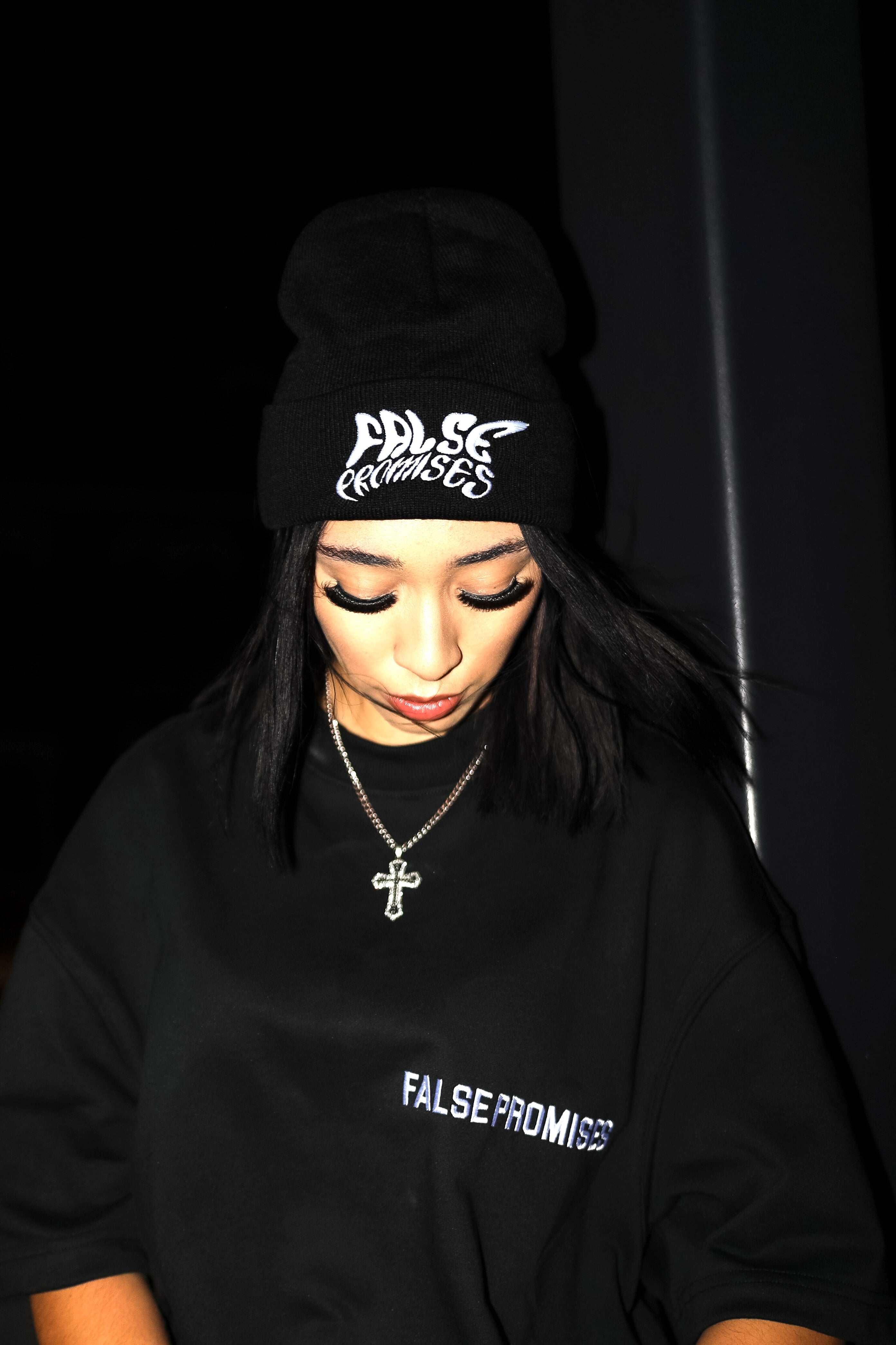 FALSE PROMISES WHITE ON BLACK KNITTED BEANIE