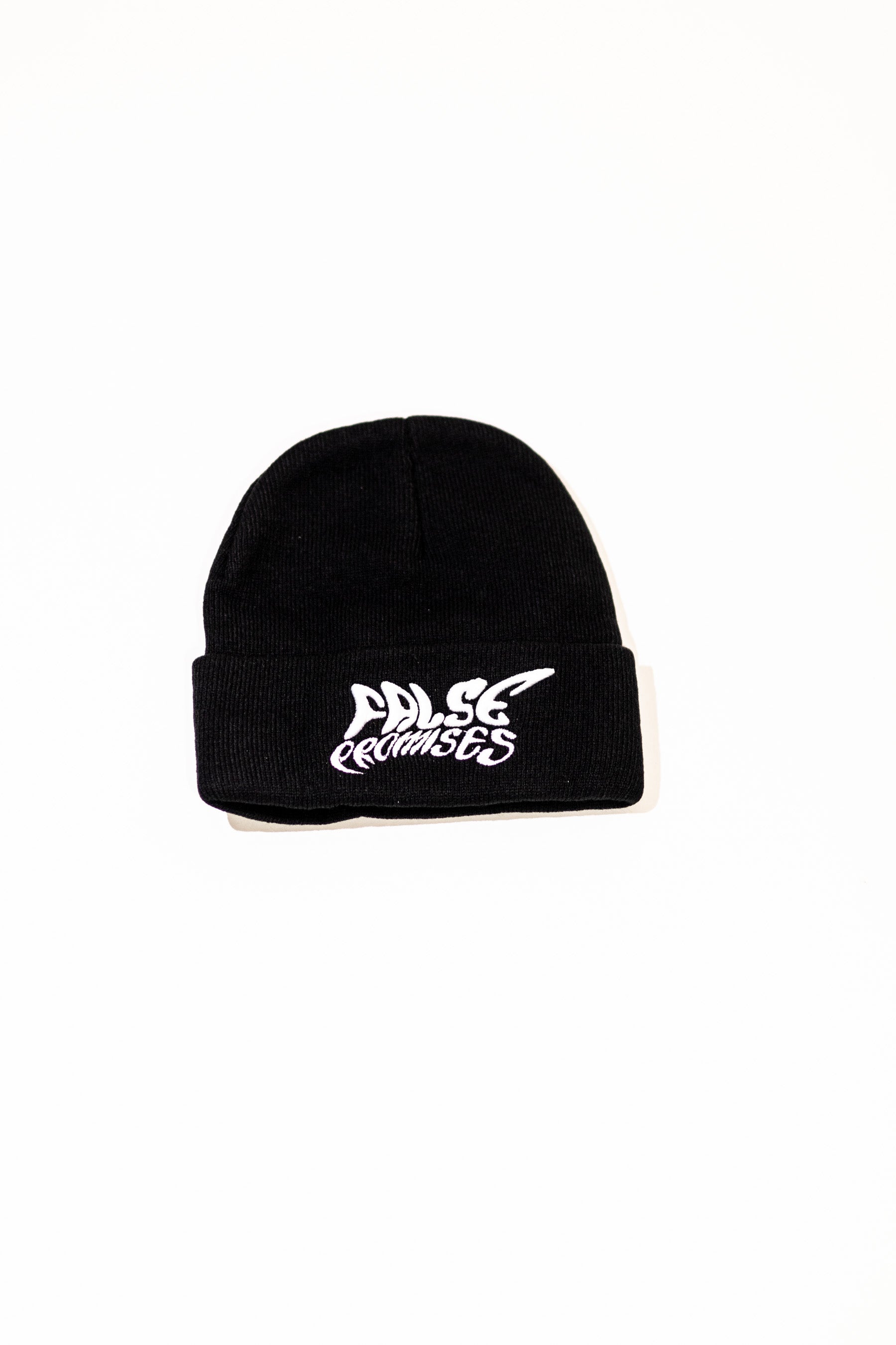 FALSE PROMISES WHITE ON BLACK KNITTED BEANIE