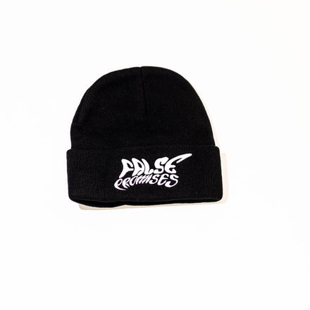 Black ribbed knit beanie with folded cuff, featuring an embroidered False Promises logo on the front.