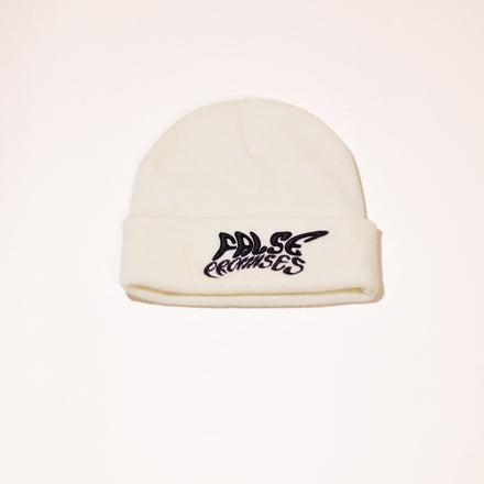 White ribbed knit beanie with folded cuff, featuring a black embroidered False Promises logo on the front.